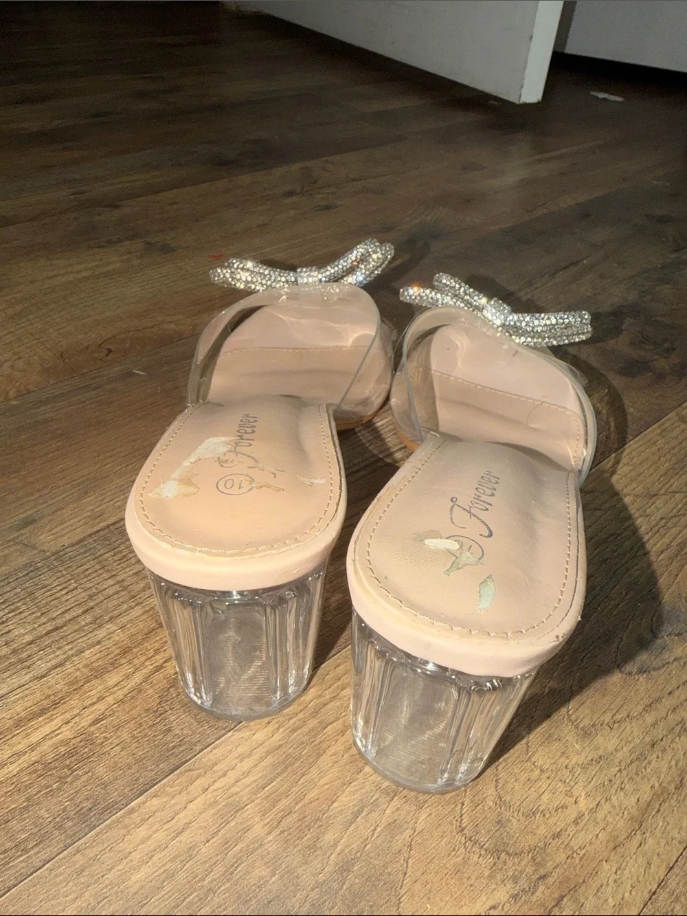 Forever 21 Nude Clear Strap Heels with Crystal Bow